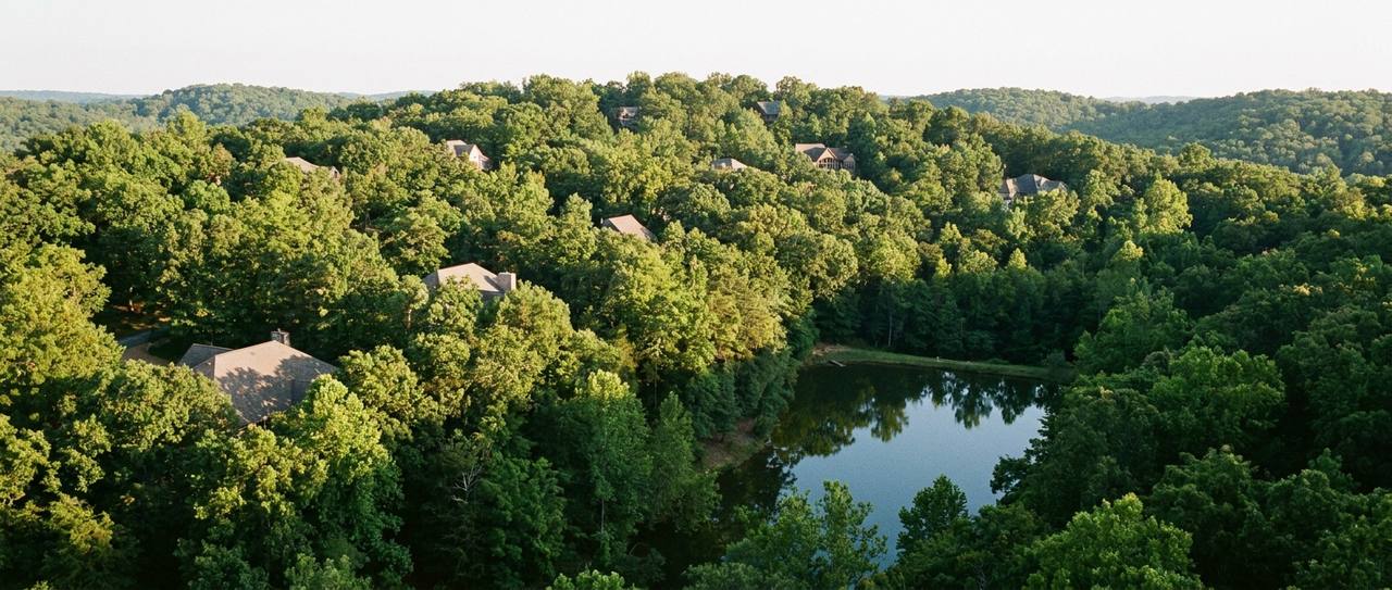Wooded hillside homes above a lake in Bella Vista, Arkansas terrain