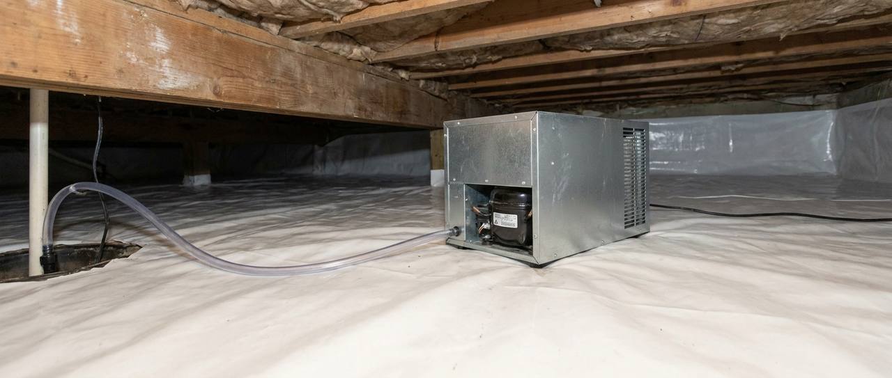 Compact crawl space dehumidifier unit operating inside an encapsulated crawl space with white liner