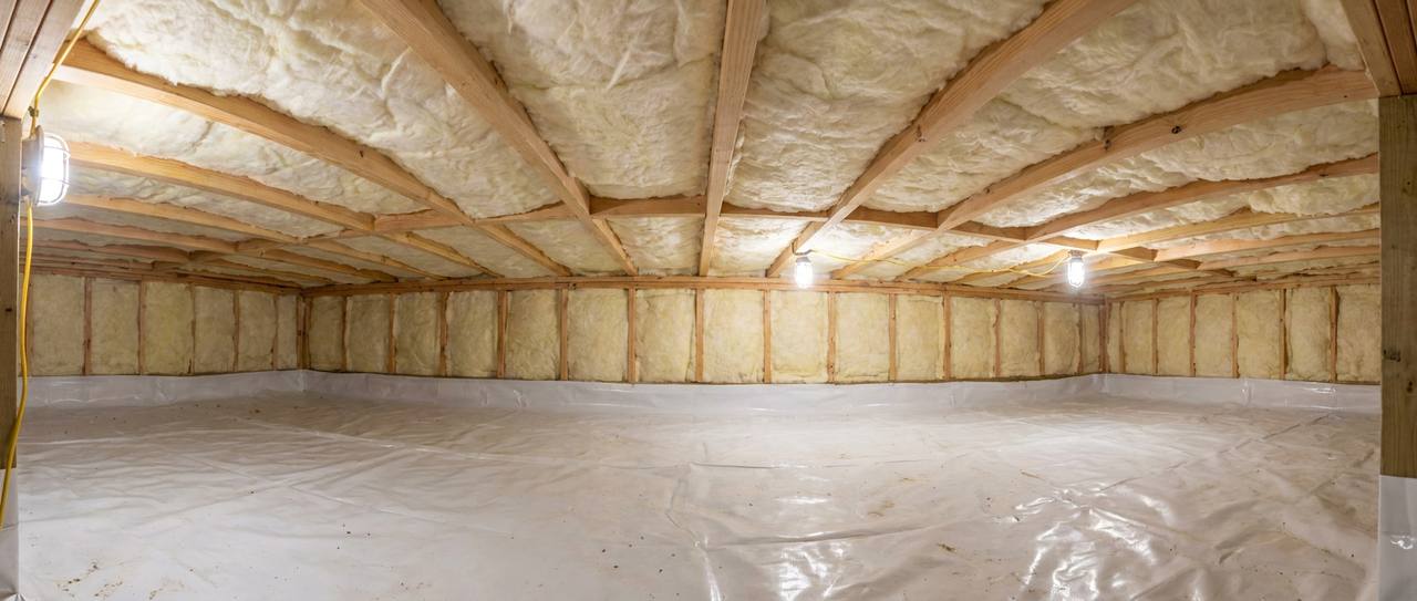Fresh insulation fitted between wooden floor joists in a clean dry crawl space