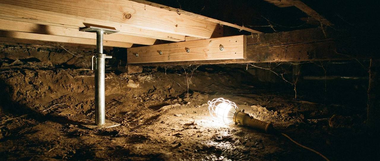 Steel jack post supporting a wooden beam and floor joists in a crawl space